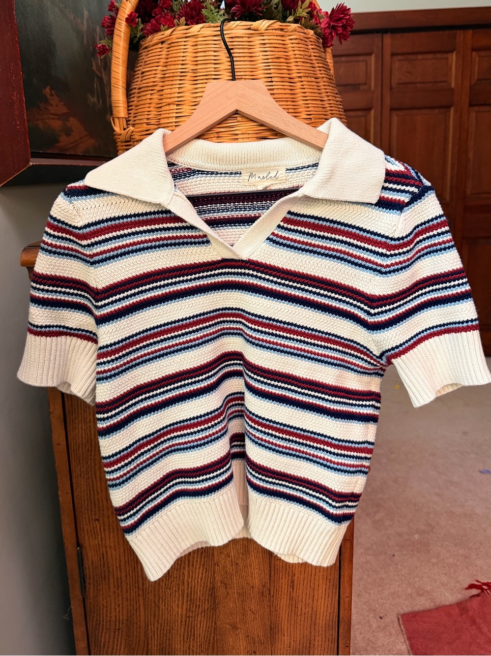 Marled Striped Polo Knit Top in Cream, Navy & Red